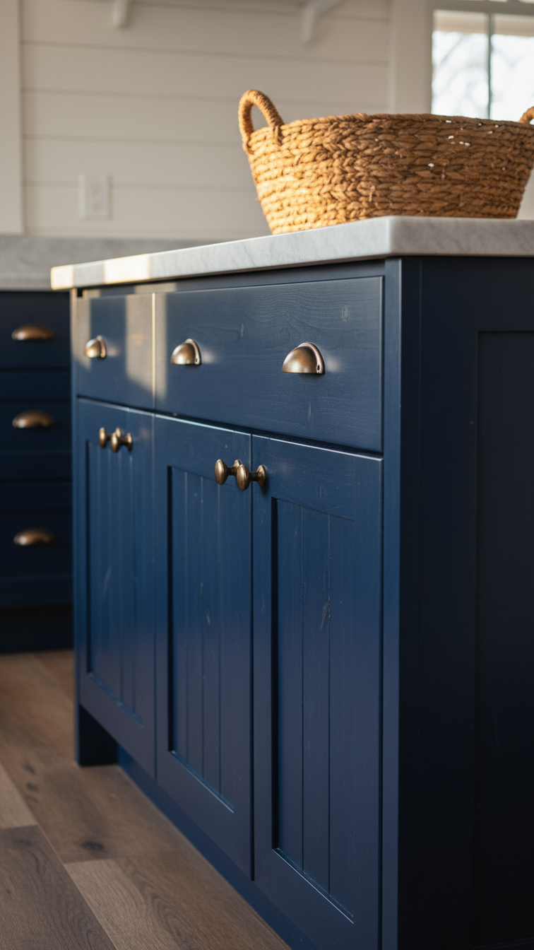 Transitional kitchen with navy blue pine cabinets, natural grain, light gray marble, bronze cup pulls, warm golden hour light.