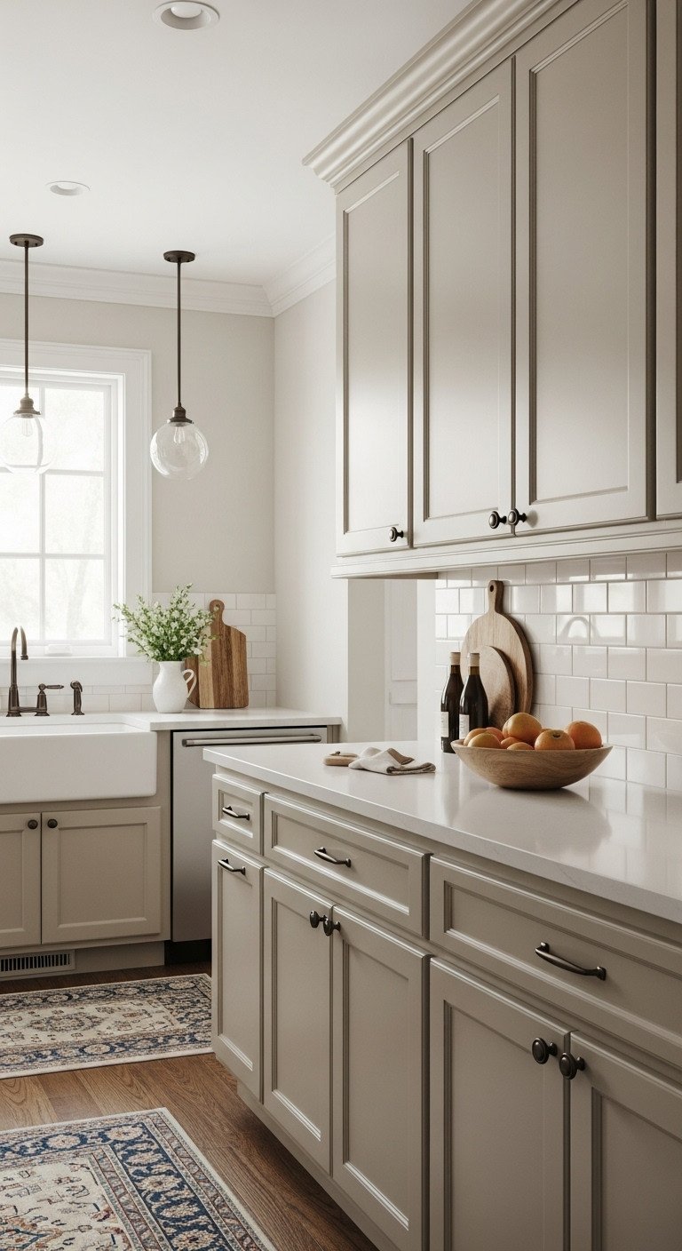 Transitional mid-tone taupe Shaker cabinets, subway tile backsplash, oil-rubbed bronze hardware, and fresh fruit bowl. Homey kitchen.