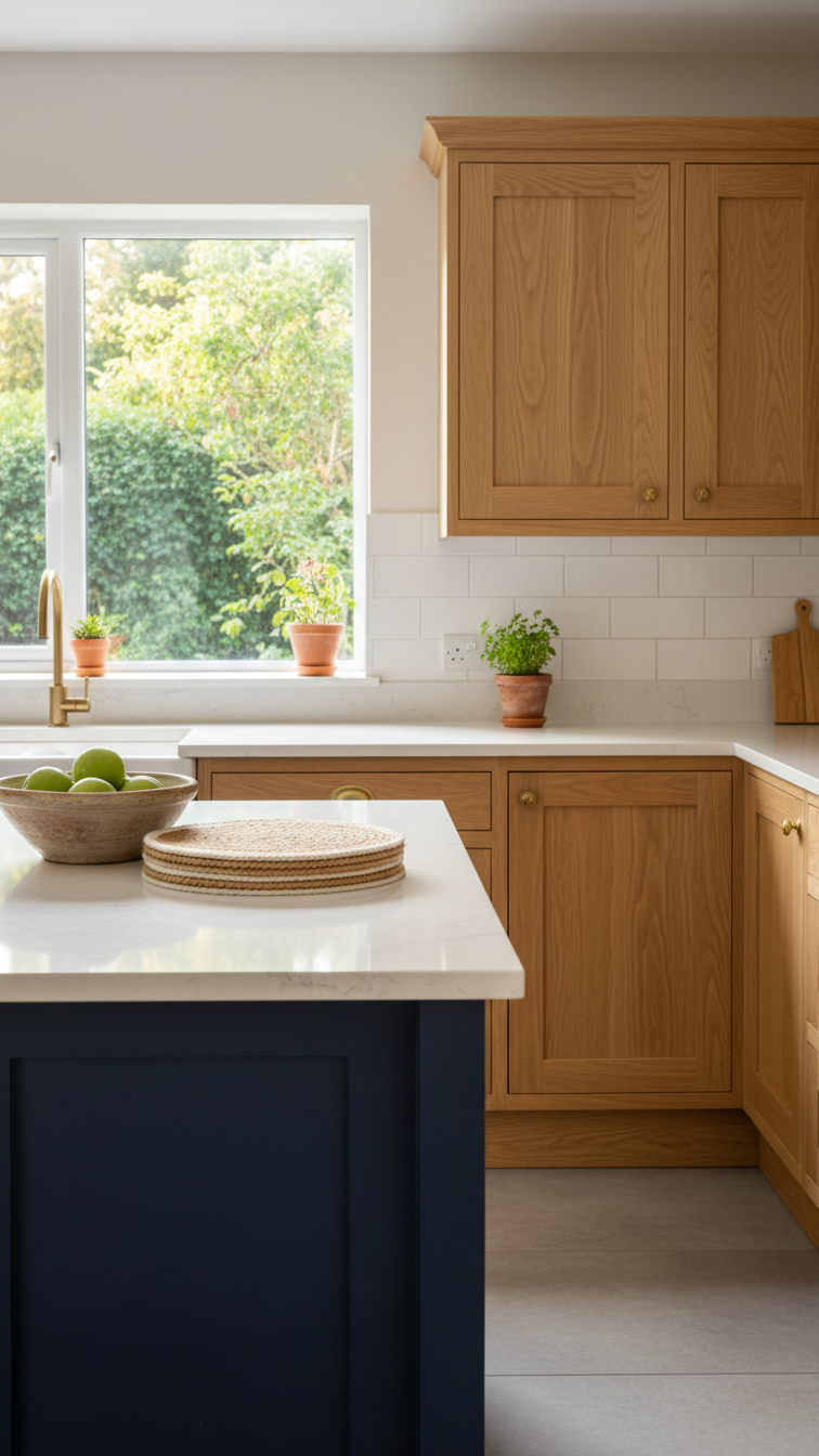 Transitional two-toned kitchen with deep indigo blue island and natural light oak cabinetry, featuring a warm, inviting design.