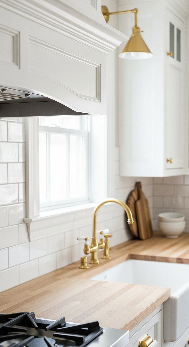 Transitional white kitchen backsplash with beveled subway tiles in a running bond pattern, wooden butcher block counter, and gold faucet.