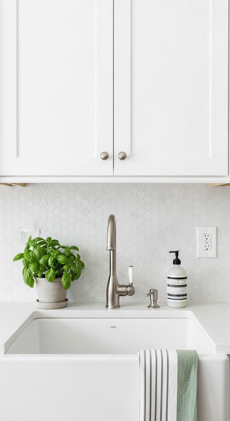 Transitional white kitchen backsplash with small hexagon mosaic tiles, light gray grout, white quartz counter, and fresh basil by the sink.