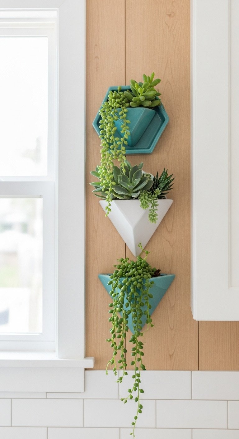 Trio of geometric ceramic wall planters with succulents and trailing plants on a light wood wall in a bright modern kitchen.