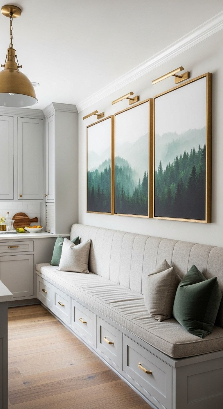 Triptych of a misty forest landscape in thin brass frames hanging above an upholstered dining banquette in a gray kitchen.
