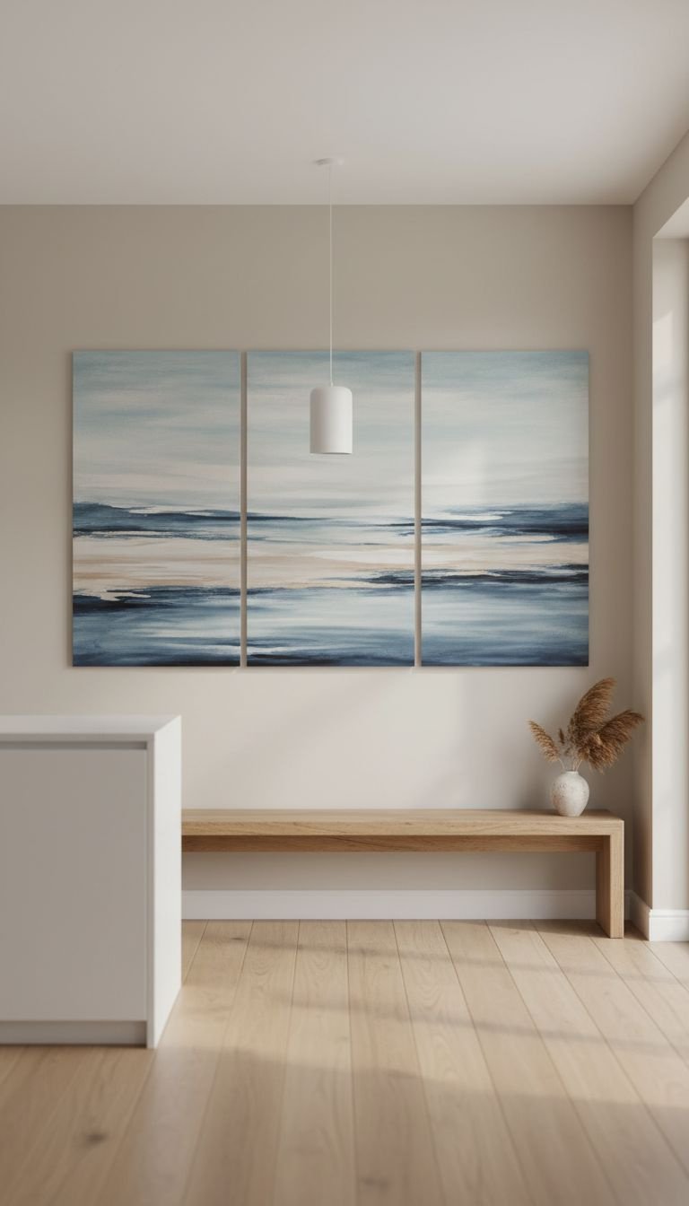 13 Minimalist Kitchen Wall Decor Ideas For Every Style 11 Triptych of abstract landscape canvas art in muted blue and beige hanging above a minimalist wooden bench in a dining room.