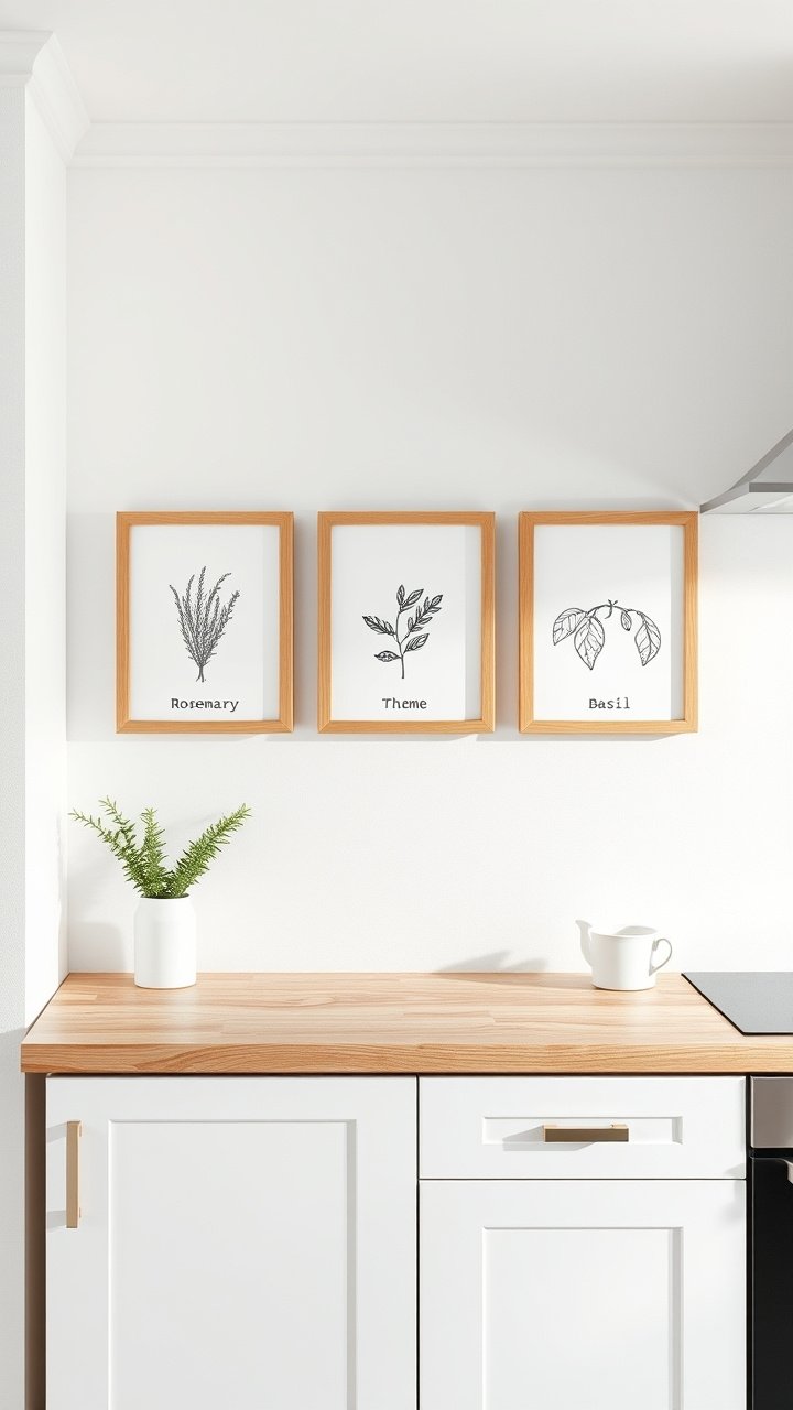 9 Brilliant Kitchen Wall Art Ideas And How To Hang Them 9 Triptych of minimalist botanical herb prints in light oak frames hung horizontally on a white wall in a Scandinavian kitchen.