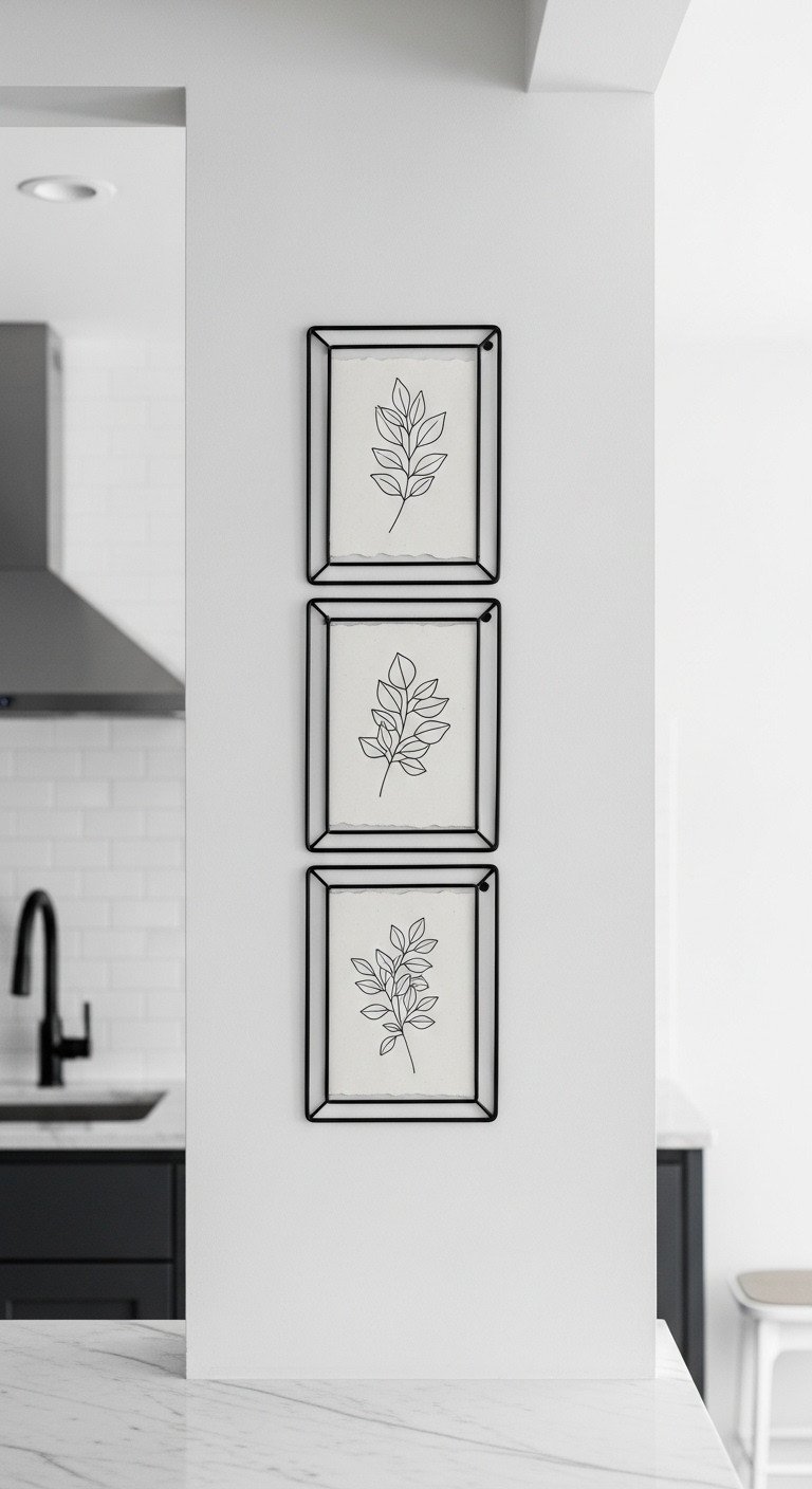 Triptych of three vertical black frames with botanical line art hung on a light grey wall in a modern Japandi kitchen.
