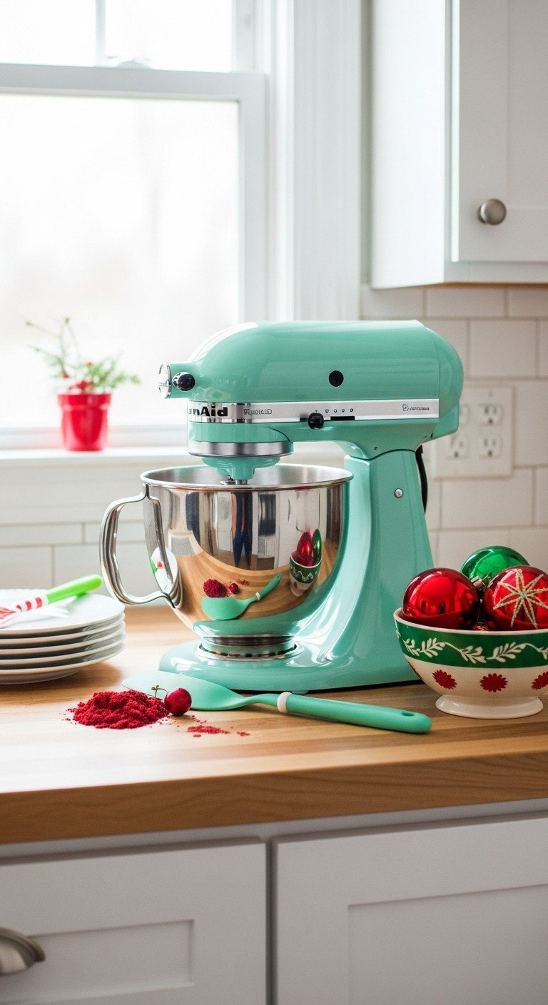 11 Ultimate Nostalgic Christmas Kitchen Decor Ideas 17 Turquoise stand mixer next to a vintage bowl of red Christmas ornaments, white plates, and a festive spatula on a butcher block.