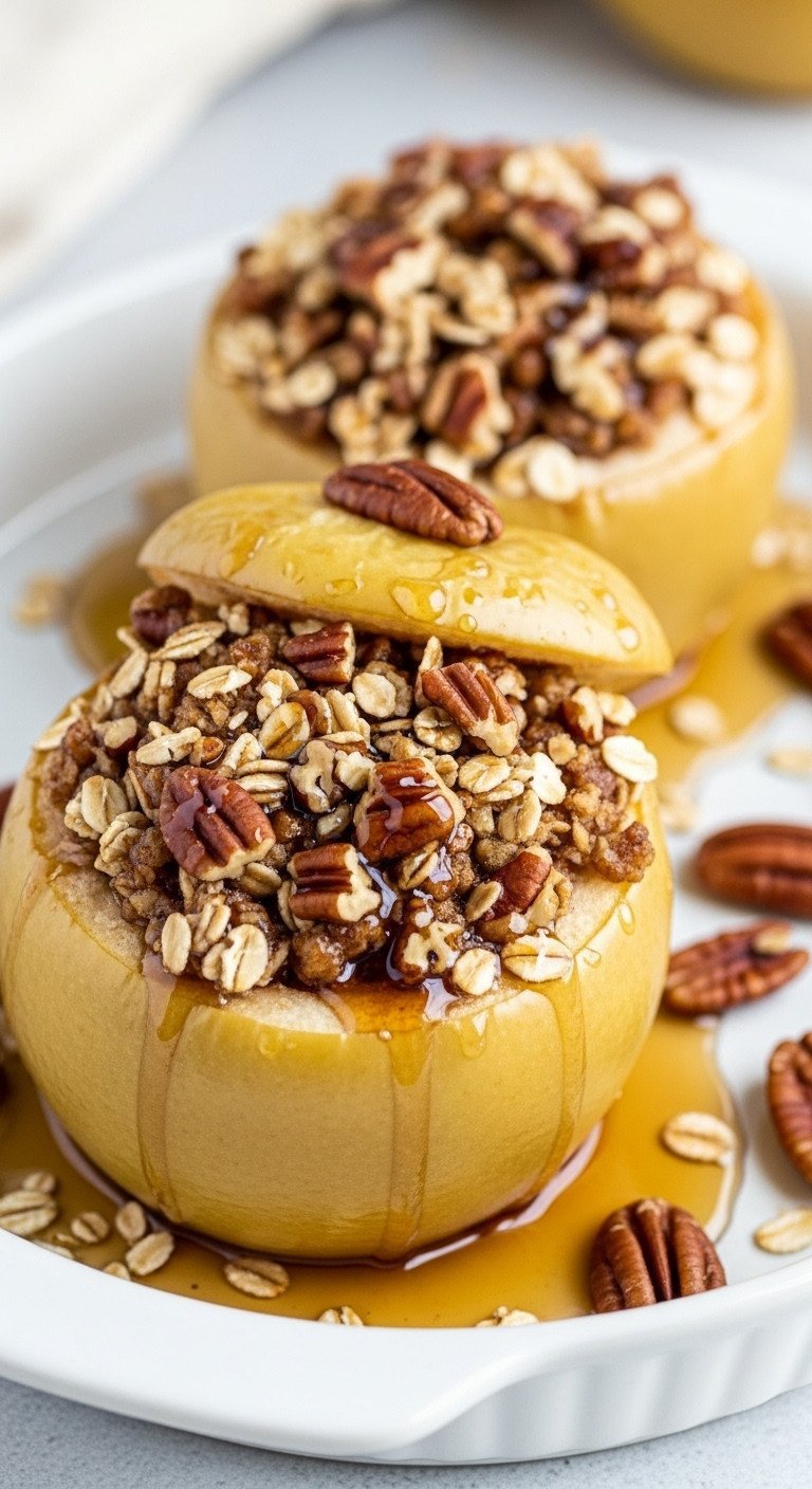 11 Best Apple Recipes Plus The Ultimate Baking Variety Guide 11 Two baked apples stuffed with oats, pecans, maple syrup, cinnamon, in white dish with extra syrup.