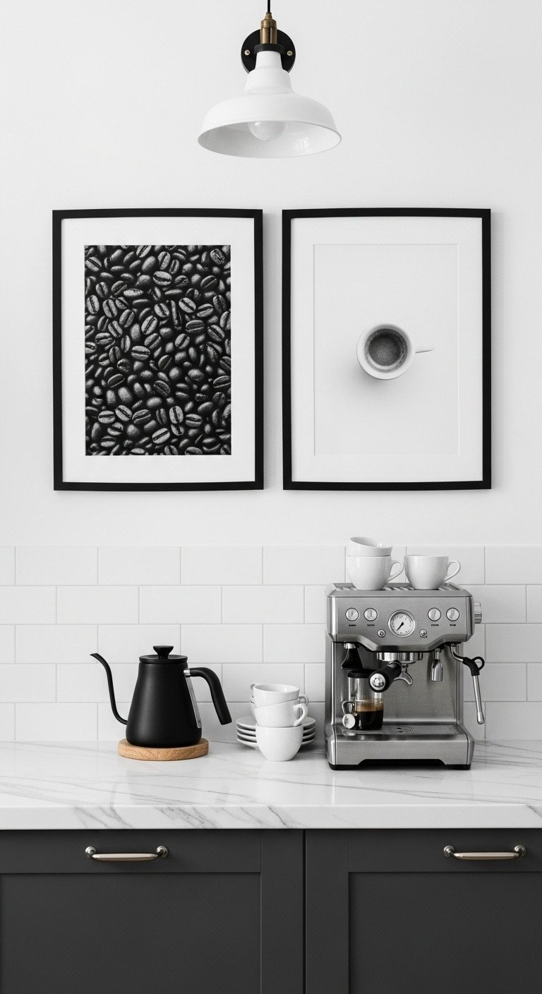 Two framed black and white coffee art prints hang on a tiled wall above a modern kitchen coffee bar with a marble countertop.