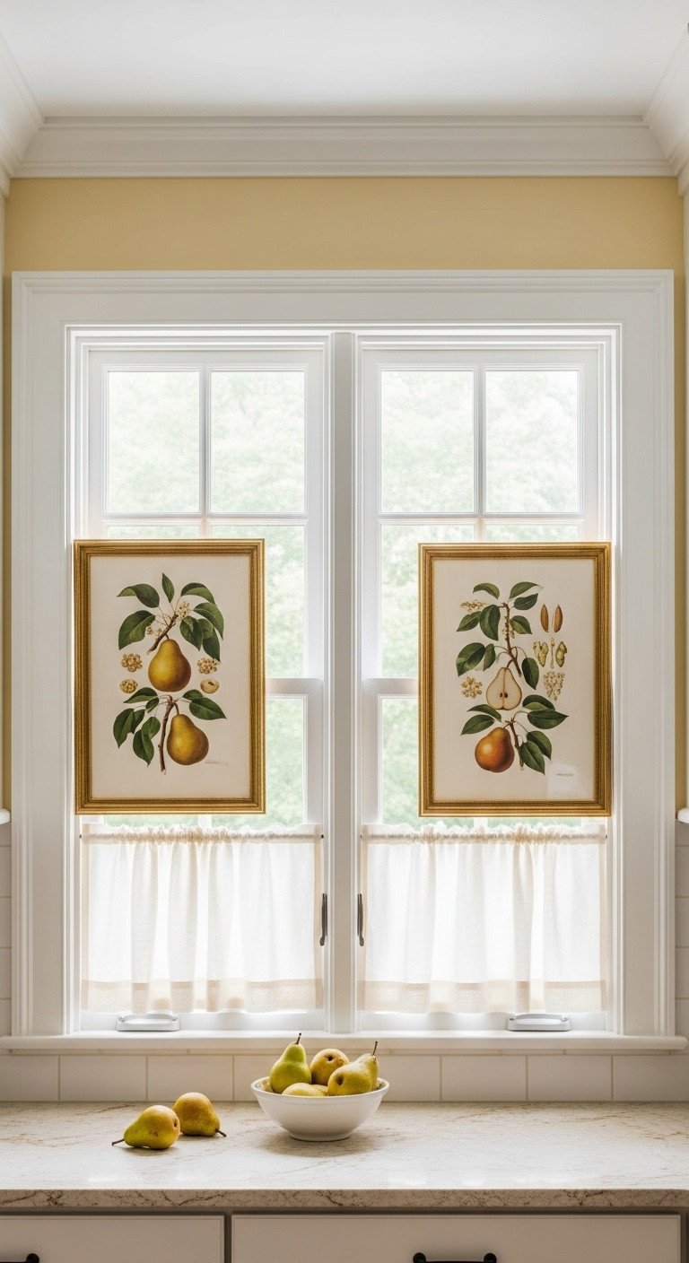 11 Traditional Kitchen Wall Decor Ideas To Get The Look Right 13 Two framed pear botanical prints hang symmetrically on a soft yellow wall on either side of a bright kitchen window.