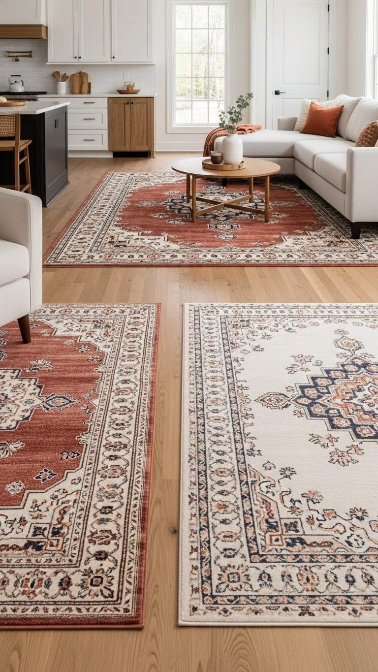 Two large, complementary area rugs defining an open kitchen living room on hardwood. Warm creams, terracotta, natural woods. Cozy home decor.