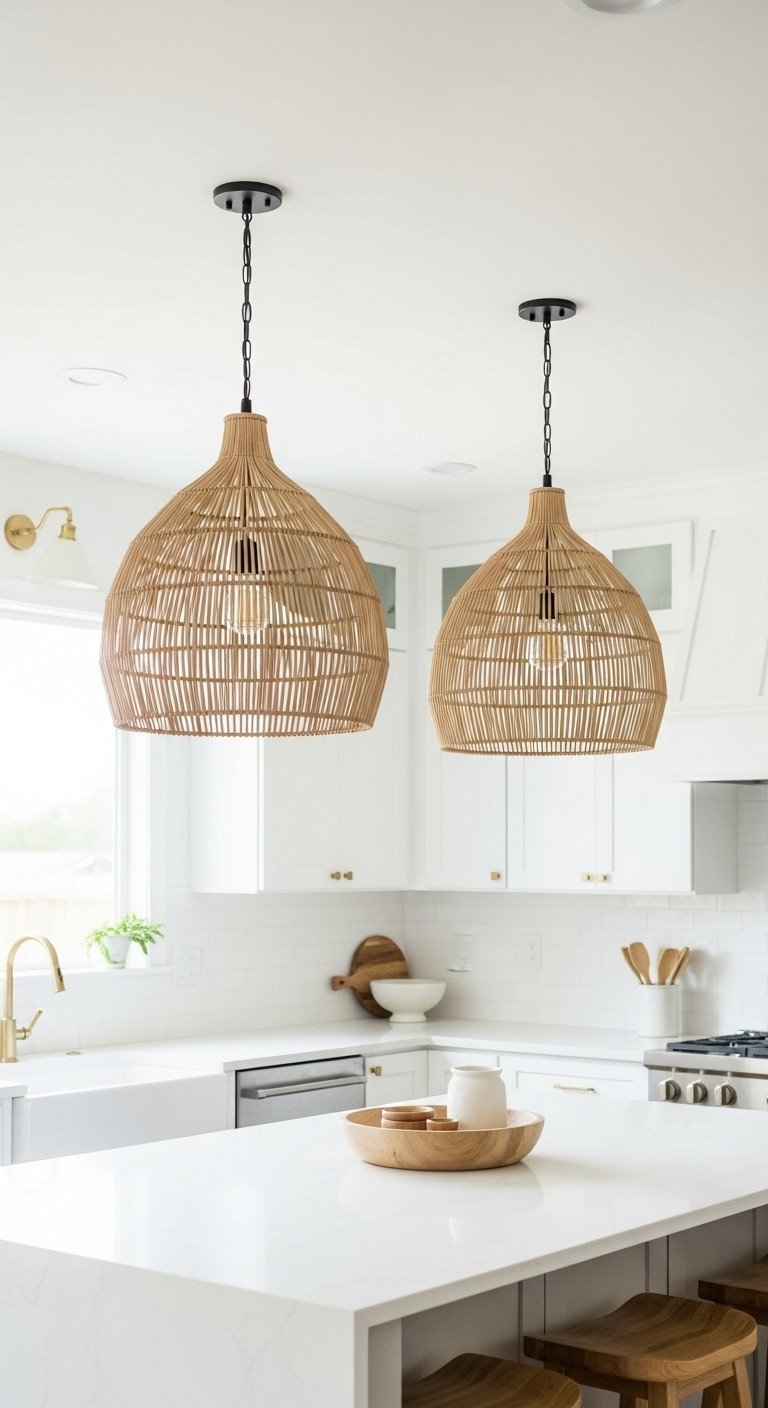 Two large woven rattan pendant lights hang over a white kitchen island, adding natural texture to a modern white kitchen.