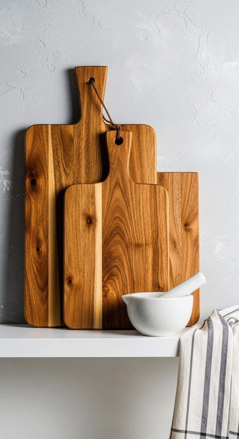 Two layered acacia wood cutting boards with rich grain detail lean on a white kitchen shelf with a mortar and pestle.