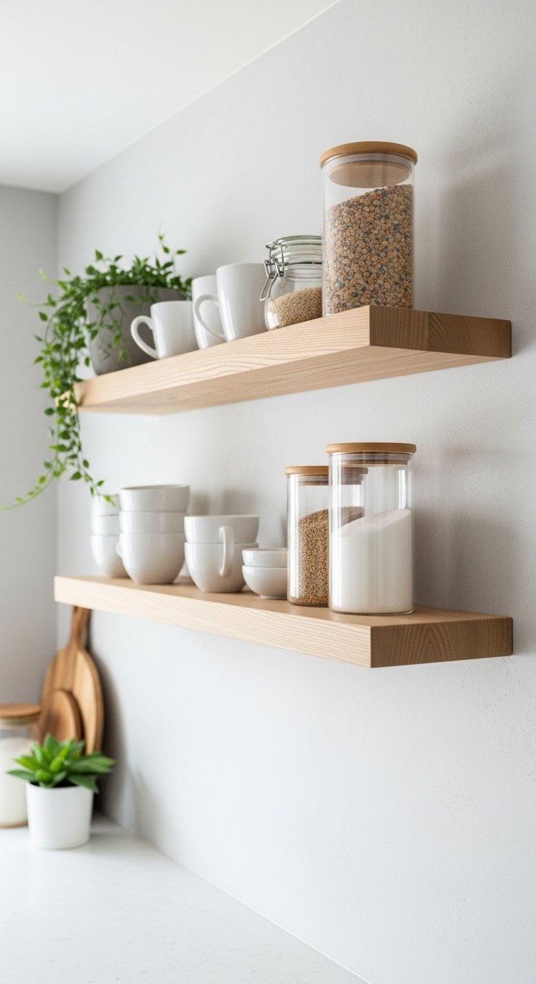 Two light ash wood floating shelves styled with white ceramic mugs and a succulent on a textured gray Scandinavian kitchen wall.