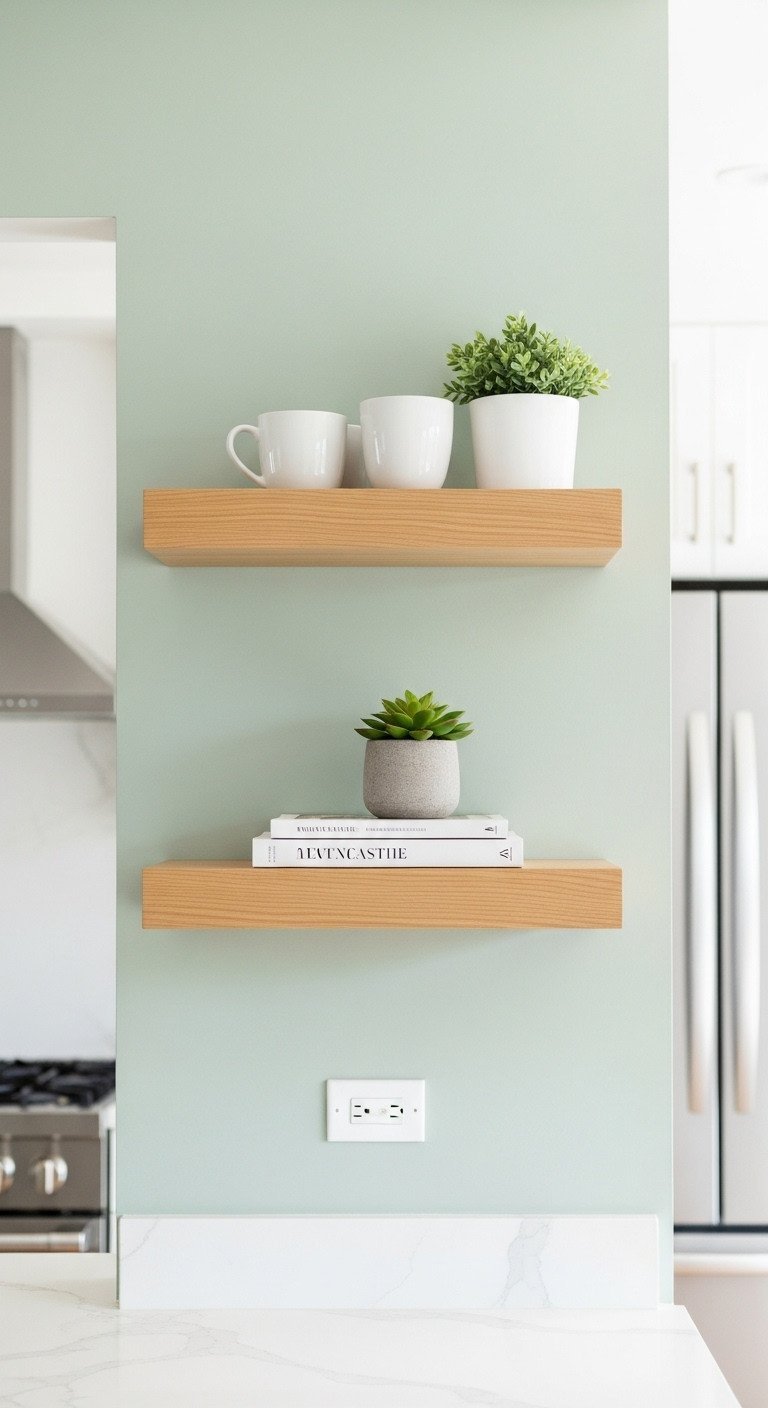 11 Stunning Ways To Style Sage Green Kitchen Wall Decor 3 Two light oak floating shelves styled with white mugs and a succulent, mounted on a sage green wall in a modern kitchen.