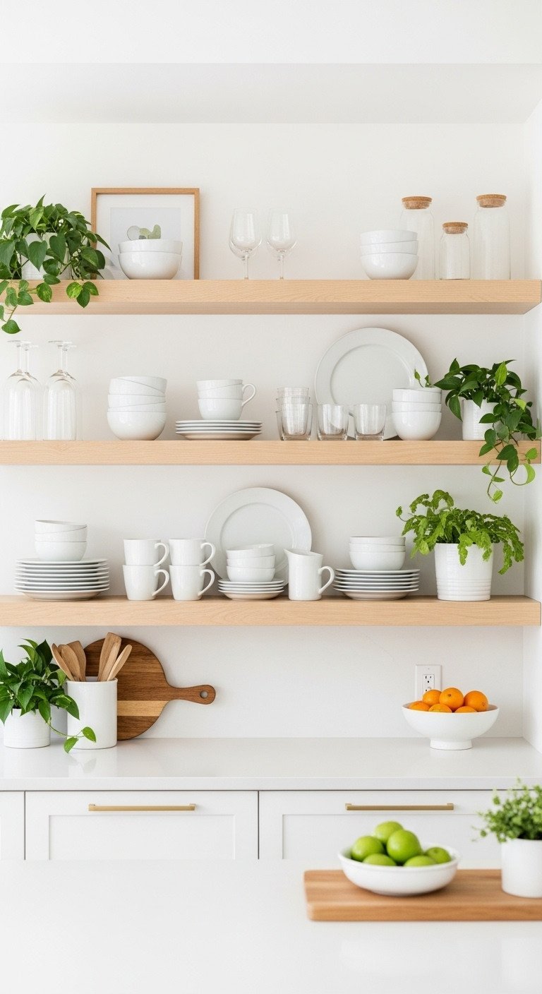 Two light wood open kitchen shelves styled with white dishes, glassware, and plants, showing balanced home organization.