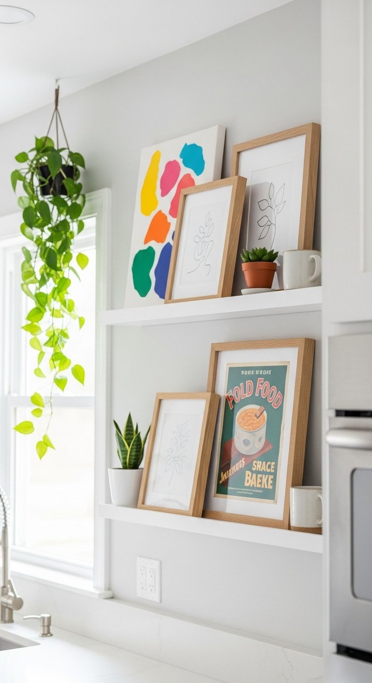Two long white picture ledges on a gray kitchen wall, styled with layered framed art, a small potted succulent, and a mug.