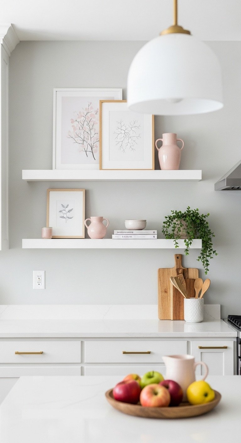 Two long white picture ledges styled with leaning neutral art, a cookbook, and a small plant on a soft gray kitchen wall.
