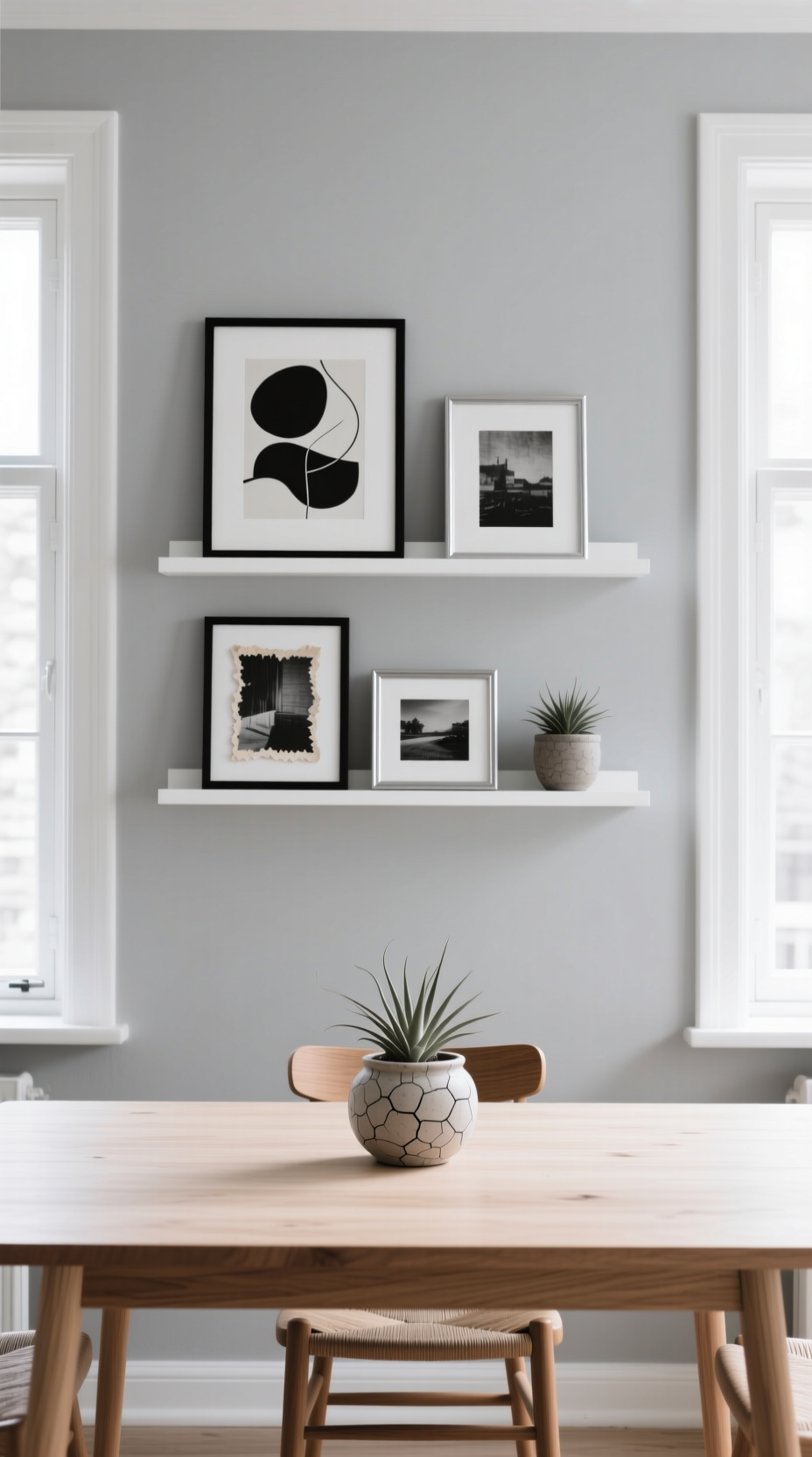 Kitchen Wall Decor That Looks Perfect Above Your Table 8 Two long white picture ledges with layered abstract art and photos installed on a pale gray wall above a dining table.