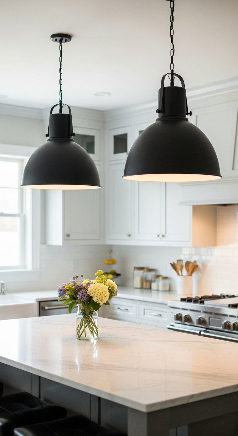 Two matte black industrial pendant lights hang over a white kitchen island with a marble top in a modern farmhouse design.