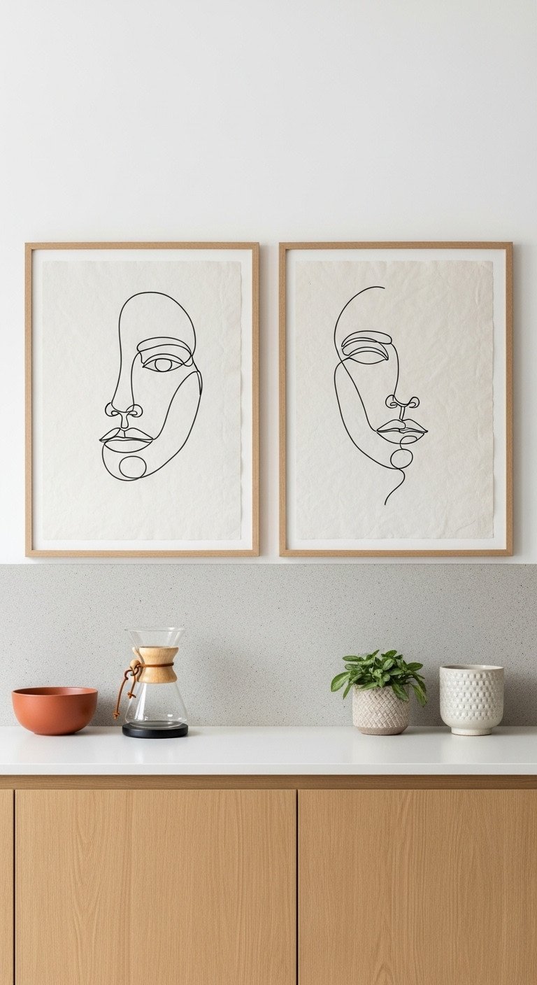 Two minimalist line art drawings of faces in light wood frames hanging in a Japandi-style kitchen above a coffee station.