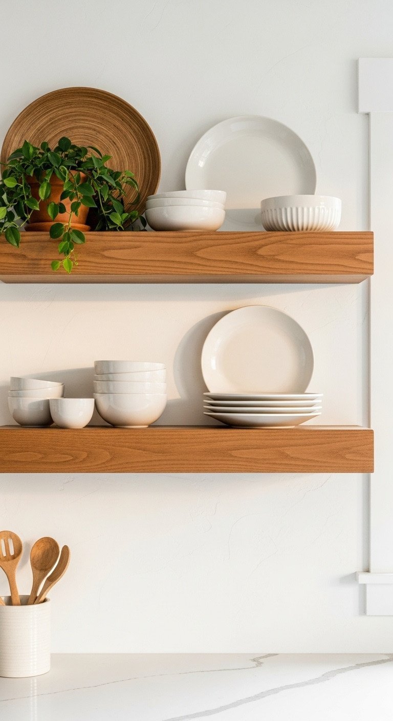 Two natural wood floating shelves on a white wall, styled with white ceramic dishes and a small plant in a terracotta pot.