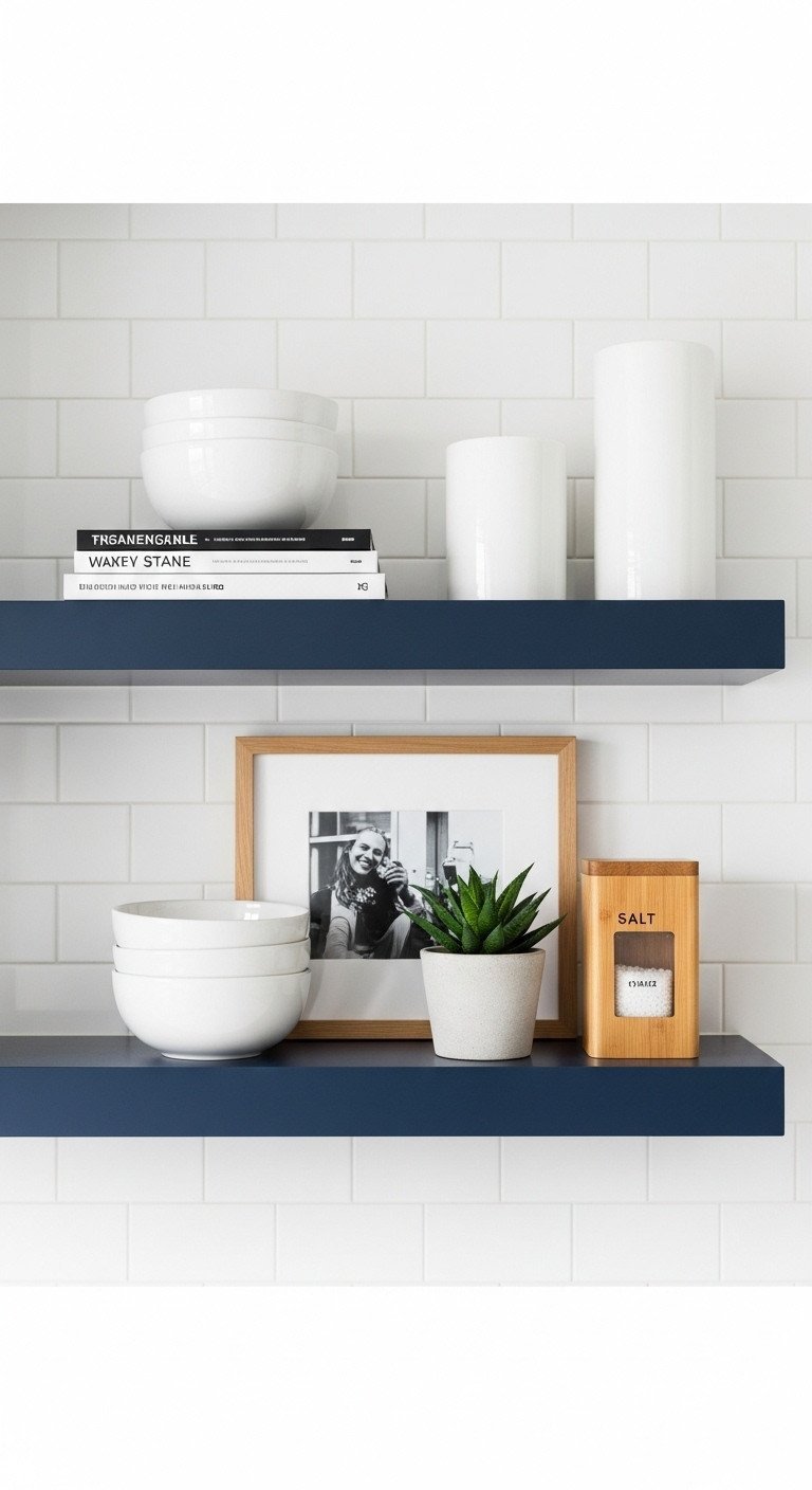 Stunning Navy Blue Kitchen Wall Decor And Styling Ideas 11 Two navy blue floating shelves styled with white ceramics and a succulent, mounted on a white subway tile kitchen wall.