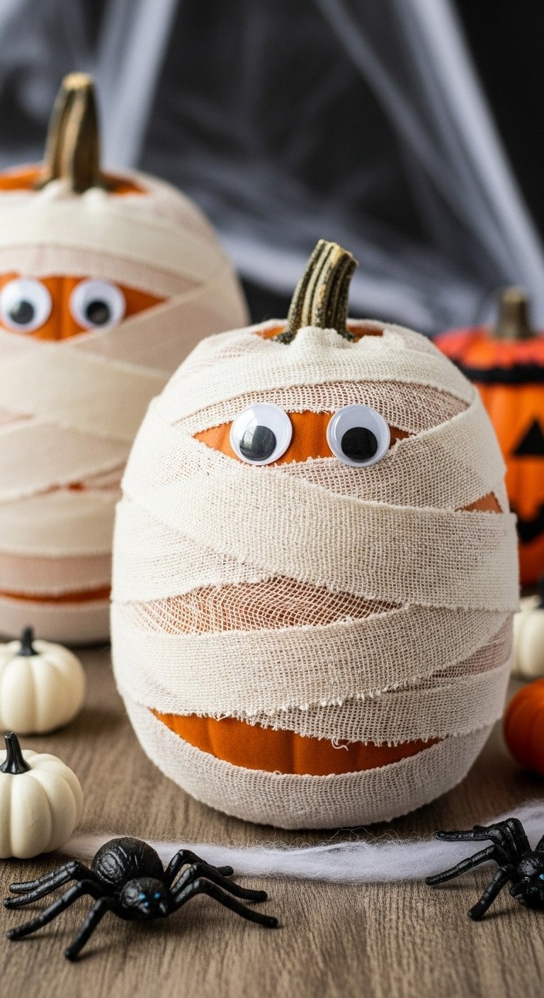 Two no-sew mummy pumpkins with googly eyes, cream gauze wrap; playful spooky Halloween decor on wood floor.