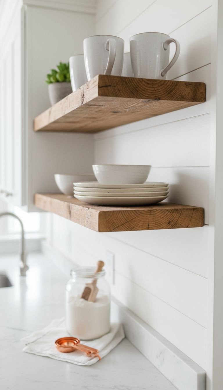 Two reclaimed wood floating shelves on a white shiplap wall in a cozy farmhouse kitchen, styled with mugs and plates.