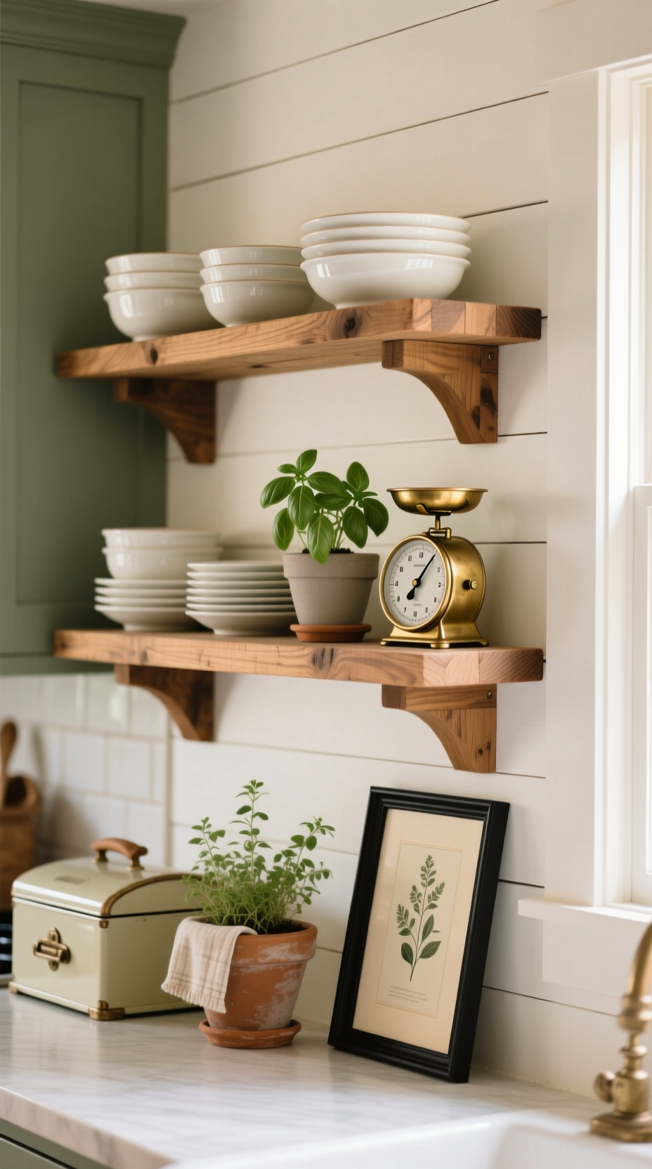 Two reclaimed wood floating shelves on a white shiplap wall styled with white ceramic dishes and a potted herb.