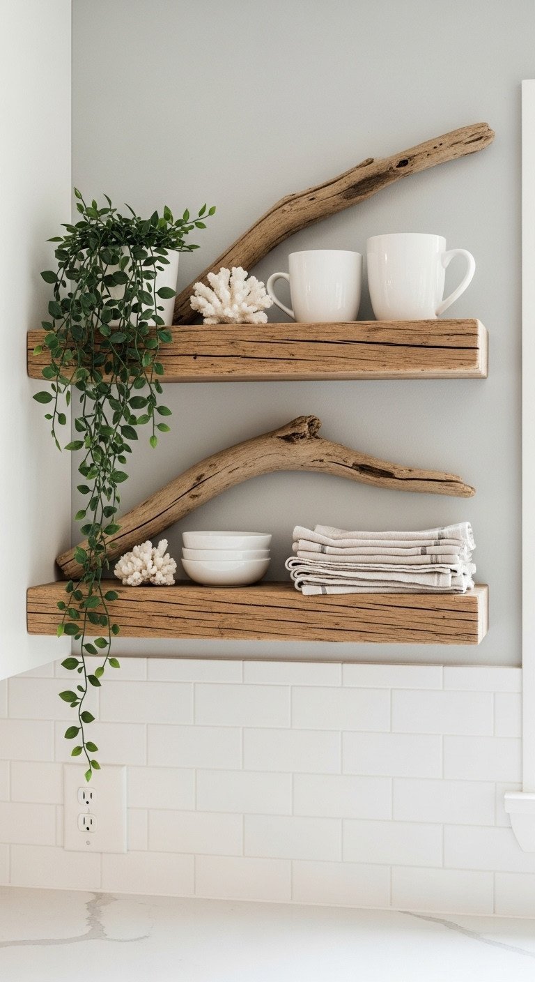 Two rustic driftwood floating shelves on a gray kitchen wall, styled with white ceramic mugs, a pothos plant, and coral decor.