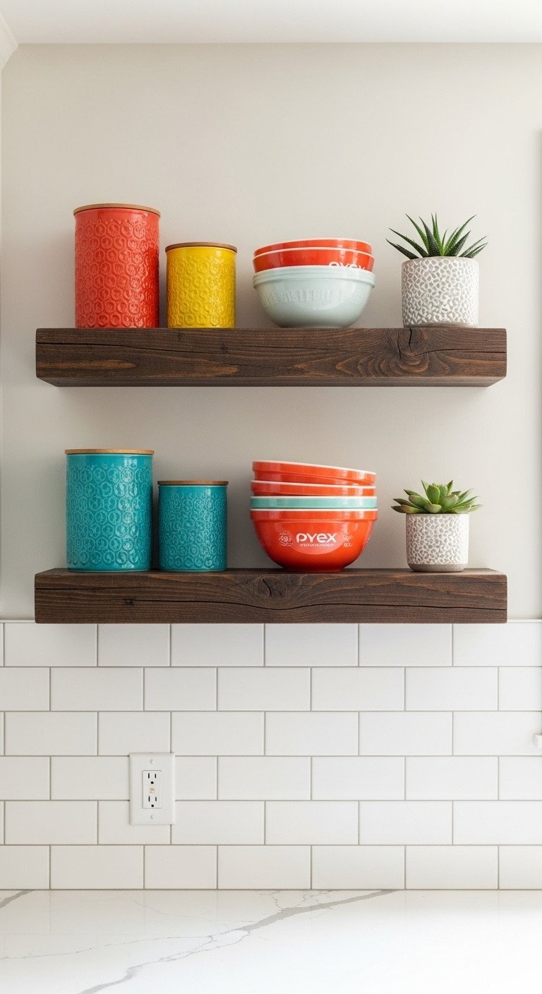 Two rustic floating shelves of dark reclaimed wood styled with ceramic canisters and a succulent on a subway tile backsplash.