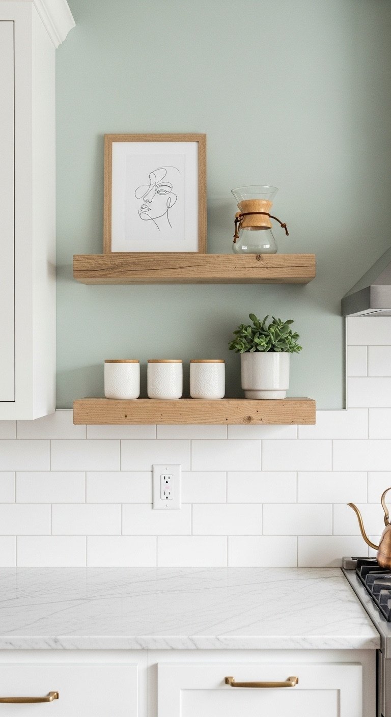 Two rustic light-wood floating shelves on a sage green wall styled with ceramic jars, a succulent, and a pour-over coffee carafe.