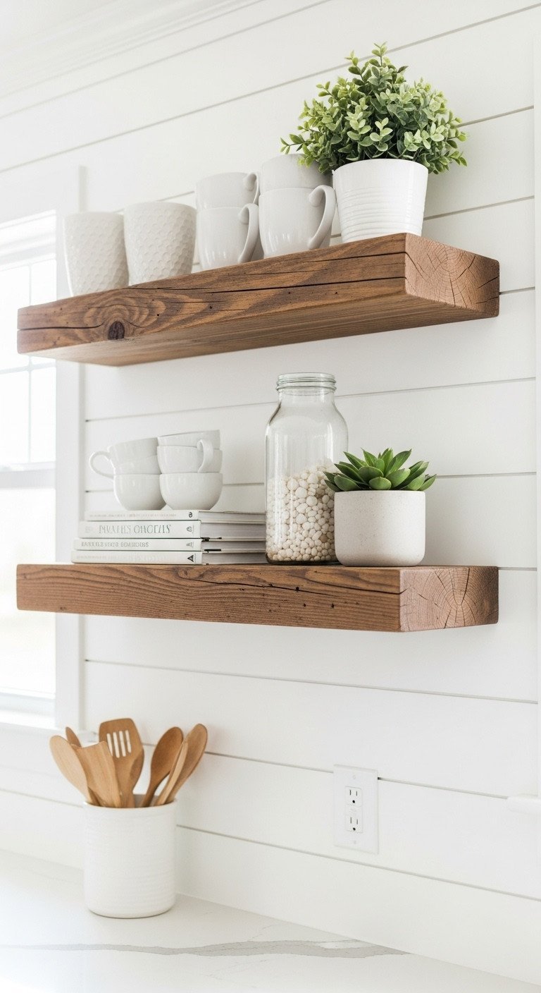 Two rustic reclaimed wood floating shelves on a white shiplap wall, styled with white ceramic mugs and a potted succulent.