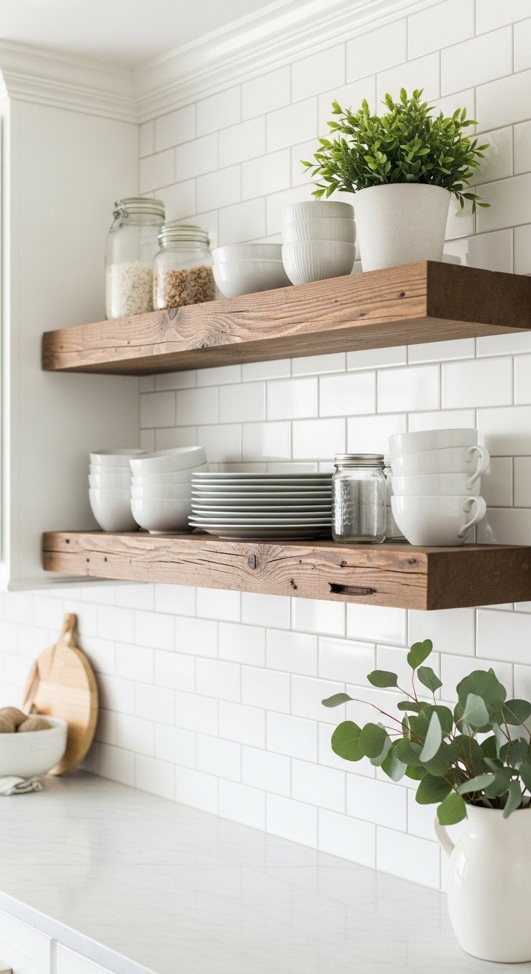 Two rustic reclaimed wood floating shelves on a white subway tile backsplash styled with white ceramic dishes and plants.