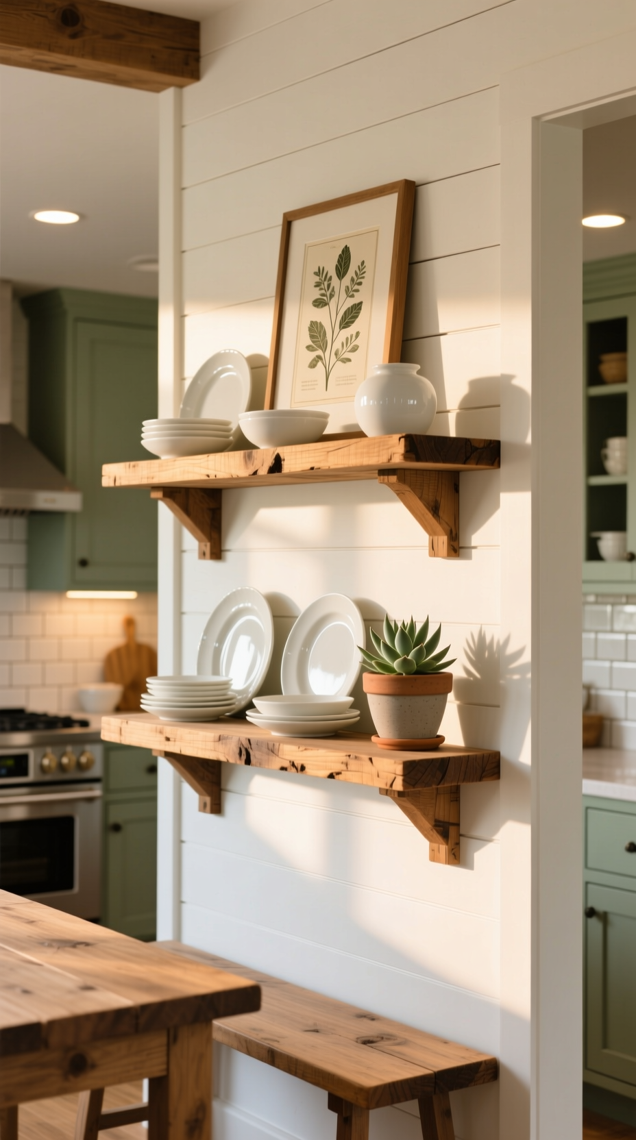 Kitchen Wall Decor That Looks Perfect Above Your Table 7 Two rustic reclaimed wood floating shelves styled with white dishes and a succulent on a white shiplap kitchen wall.