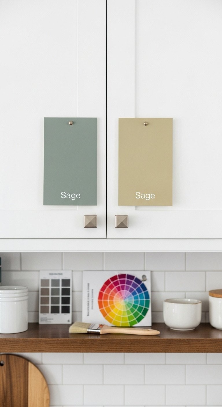 Two sage green paint swatches (gray, yellow based) on white kitchen wall, with color wheel. Shows undertone differences for interior design.
