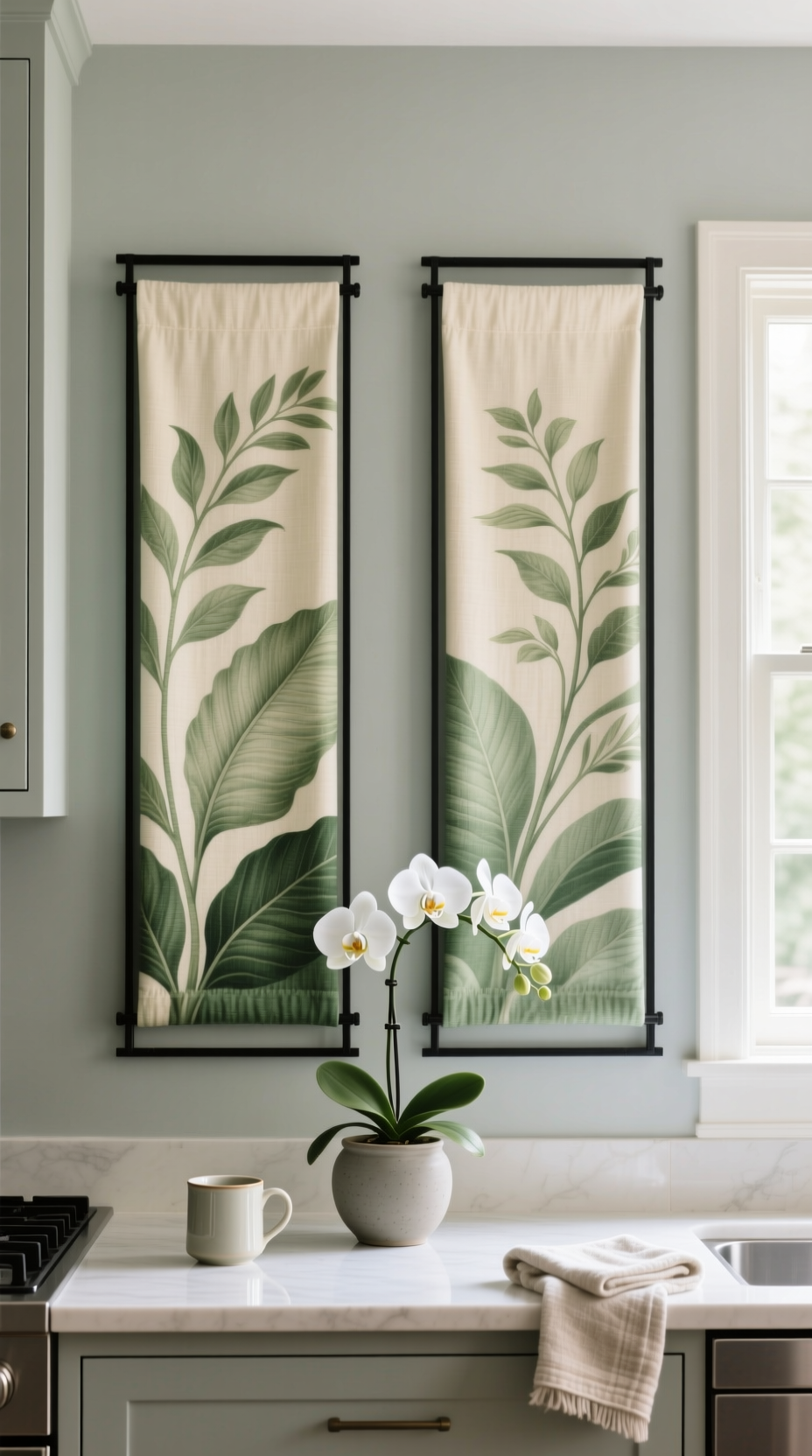 11 Diy Kitchen Wall Decor Ideas That Look High End 9 Two tall framed fabric panels with a green and cream botanical print hang symmetrically on a kitchen wall around a window.