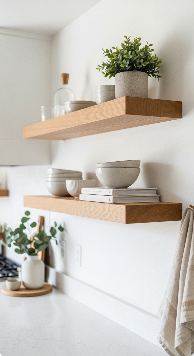 Two thick oak floating shelves on a white kitchen wall styled with matte ceramic bowls, a plant, and cookbooks.