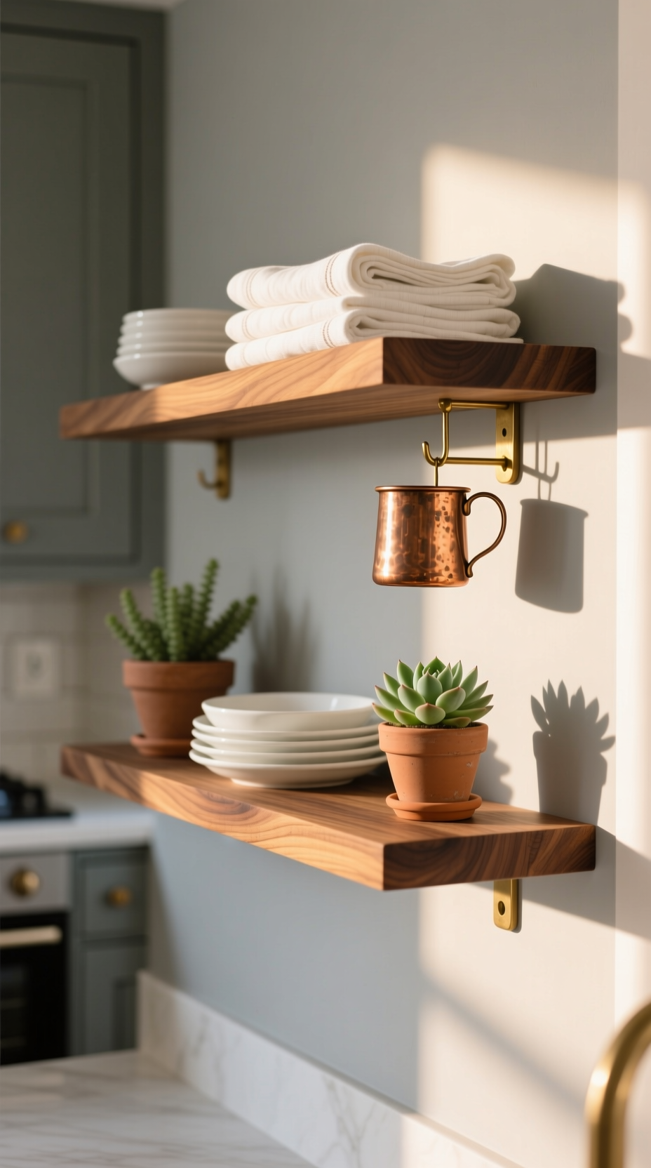 11 Diy Kitchen Wall Decor Ideas That Look High End 5 Two thick wood floating shelves styled with minimalist white dishes and plants in a cozy kitchen nook with warm side lighting.