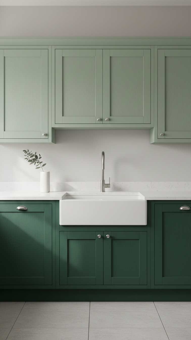 Two-tone green kitchen with sage upper and forest lower cabinets. Modern design, stainless steel faucet, minimalist.