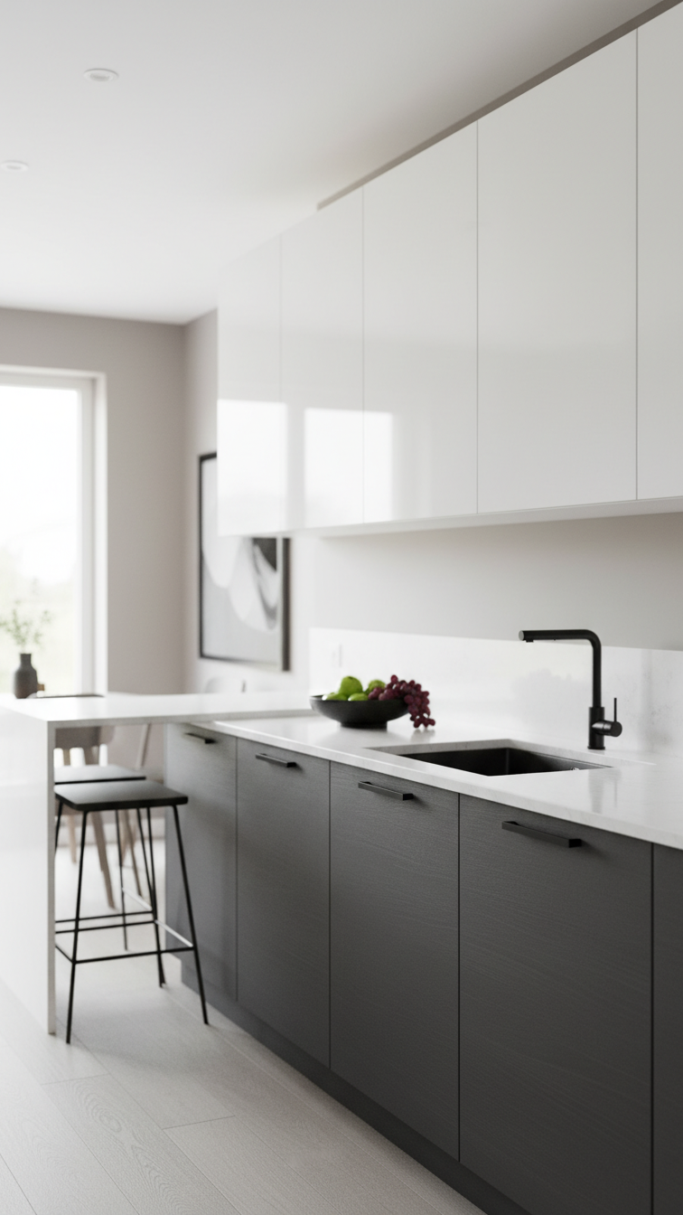 Two-tone kitchen design featuring glossy white upper cabinets and deep gray lower cabinets, with a modern island and black metal hardware.