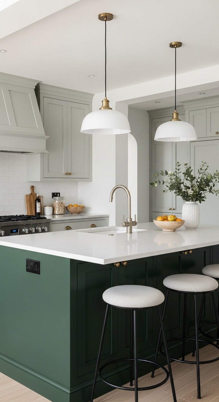 Two-tone kitchen with dark forest green island, light sage green cabinets, white quartz counter, and modern stools.