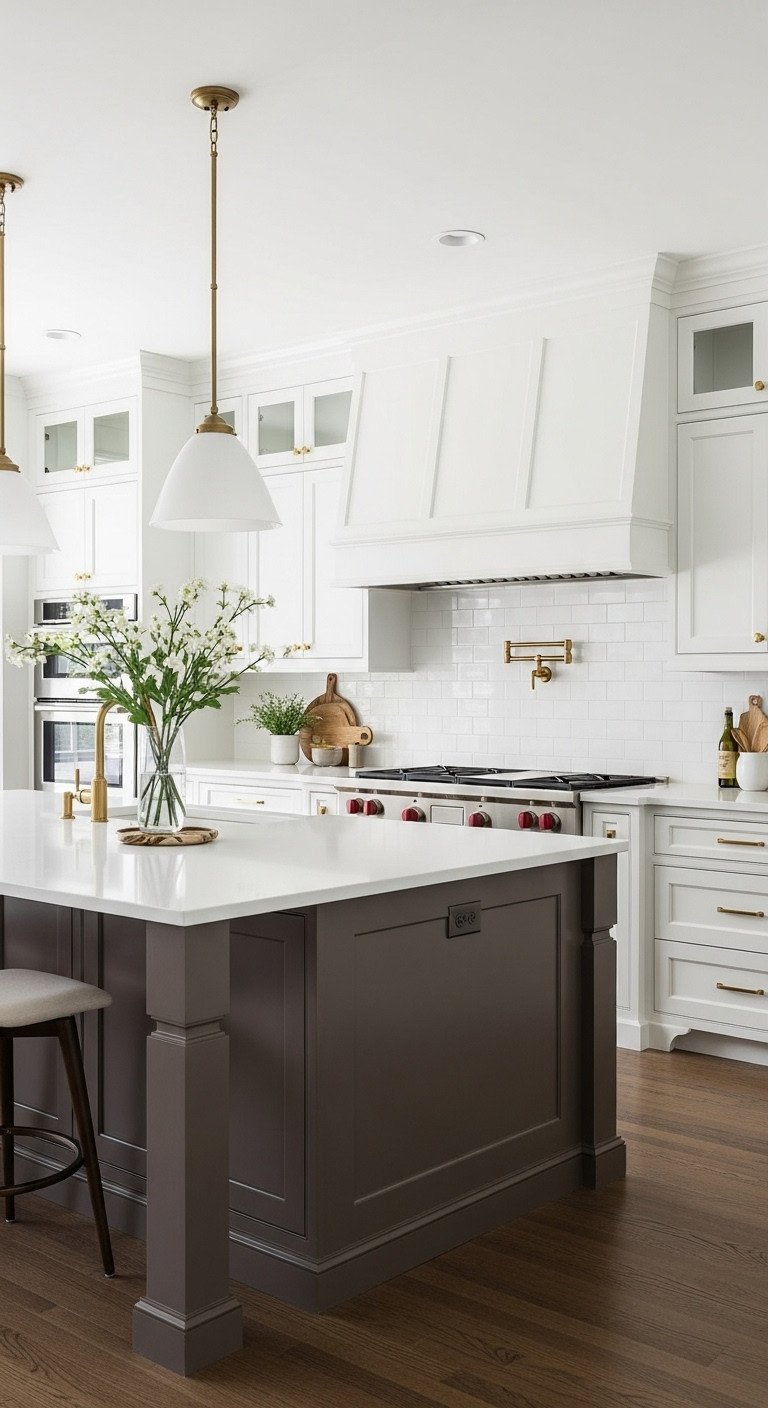 Two-tone kitchen with dark taupe island, white perimeter cabinets, polished gold hardware, and elegant pendant lights. Sophisticated design.