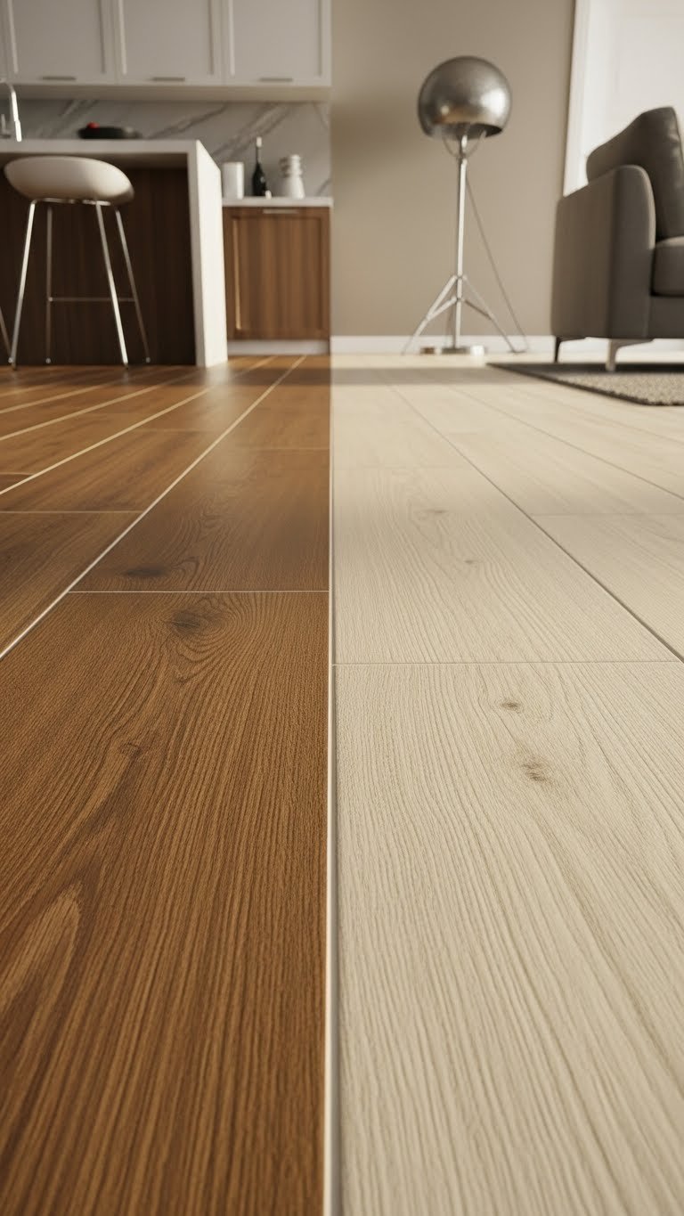 Two-tone wood look tile flooring defines open kitchen and living room zones seamlessly, with warm and cool shades.