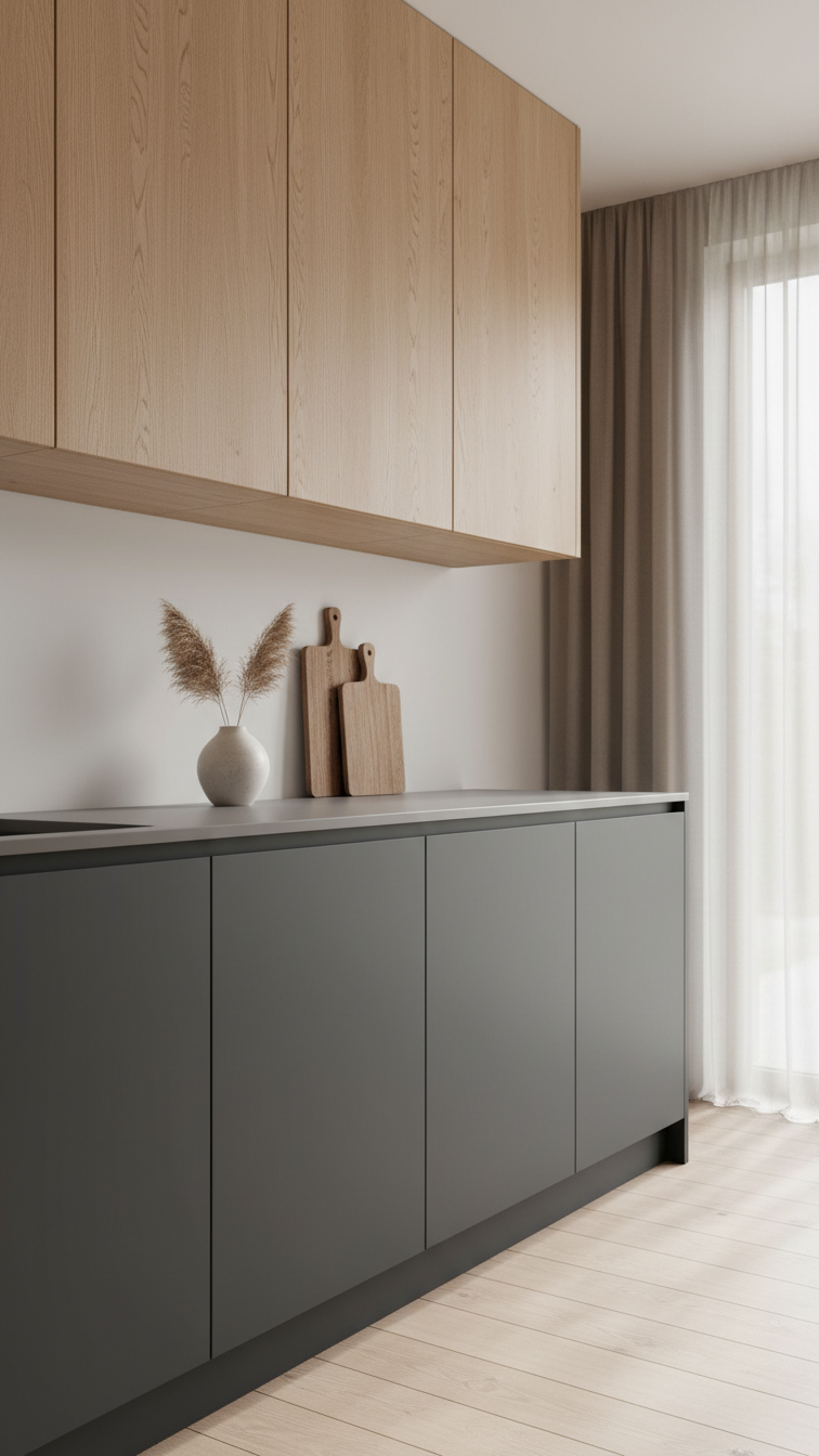 Modern Handleless Kitchen Design: 11 Ideas For Seamless Style 15 Two-toned handleless kitchen with dark gray base cabinets and wood grain wall cabinets, creating sleek modern contrast.