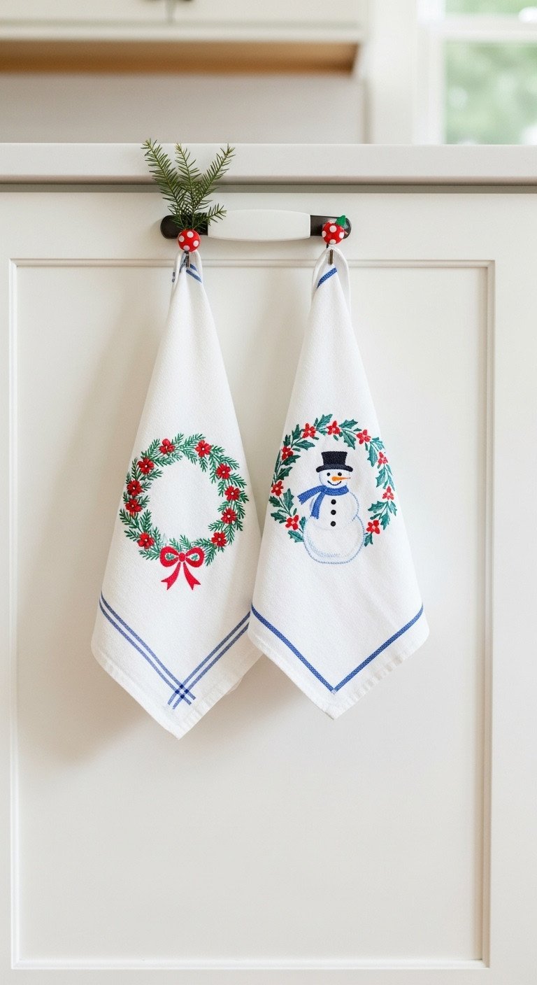 11 Ultimate Nostalgic Christmas Kitchen Decor Ideas 15 Two vintage 1940s holiday kitchen towels with snowman motifs, hung on a white shaker cabinet door with a festive sprig.