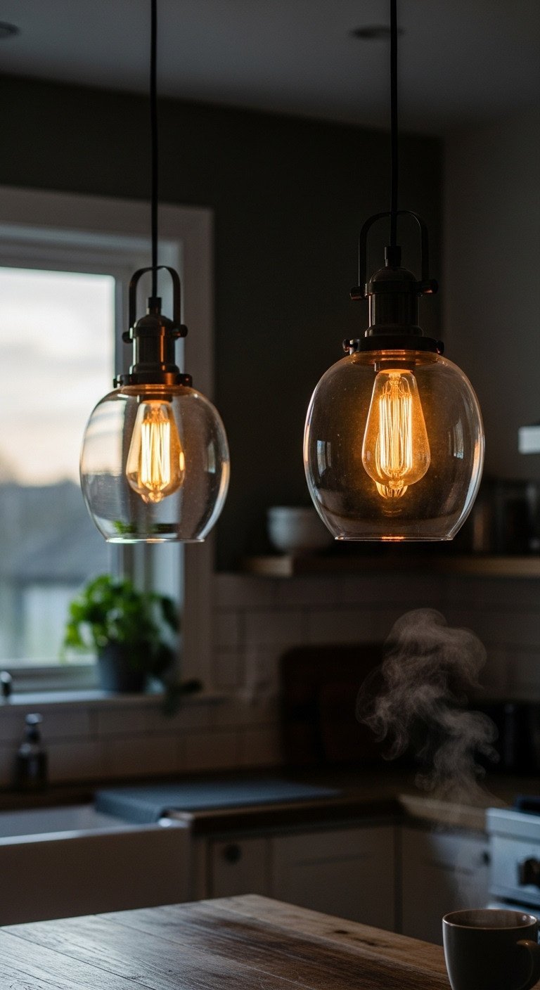 Two vintage glass and dark metal pendant lights with Edison bulbs cast a warm, cozy glow over a rustic kitchen island at twilight.