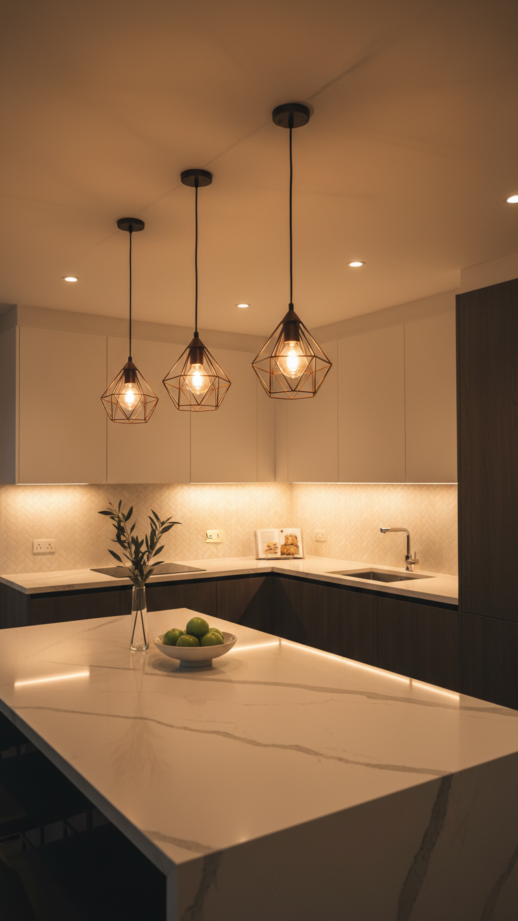 U-shape kitchen with layered lighting: recessed, under-cabinet LEDs, and pendant lights illuminating white marble counters.