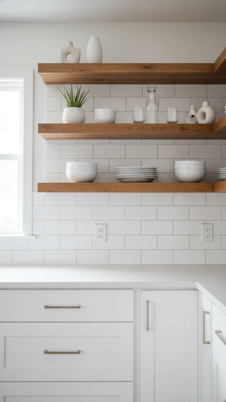 U-shape kitchen with open floating wooden shelves, styled with white ceramic dishes, functional art, and subway tile.